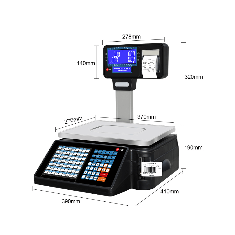 Electronic barcode scale for printing labels from 10 grams to 30 kilograms, supports issuing an invoice