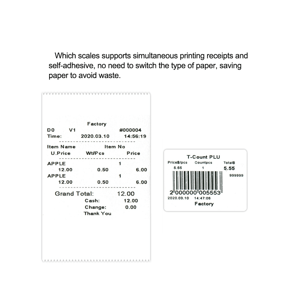 Electronic barcode scale for printing labels from 10 grams to 30 kilograms, supports issuing an invoice